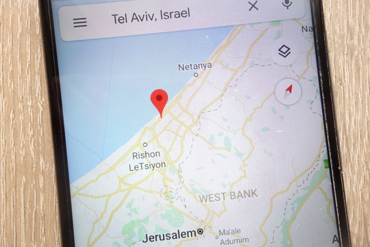 KONSKIE, POLAND - AUGUST 25, 2018: Tel Aviv location on Google Maps displayed on a modern   smartphone
