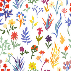 Seamless pattern with cute floral elements. Vector stock background with doodle style flowers, leaves, petals and berries.