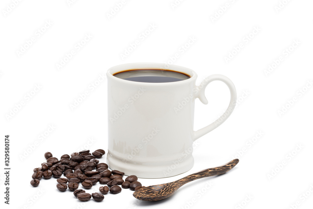 Wall mural coffee cup with coffee beans on a white background