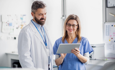 A dentist with dental assistant in modern dental surgery, working.