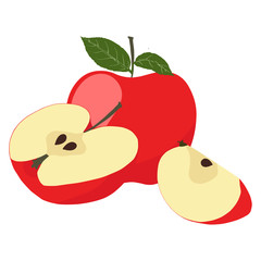 Vector illustration of red apple. Sliced apple isolated on white background