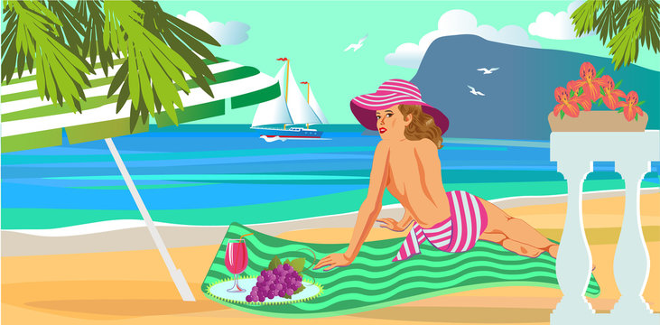 Girl resting in the summer on the sandy seashore, against the backdrop of a landscape with mountains and a boat. Vector graphics