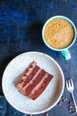 chocolate cake with cream (sweet and delicious homemade dessert, Prague cake) menu concept background. top view. copy space  for text