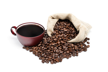 Coffee cup with coffee beans on a white background