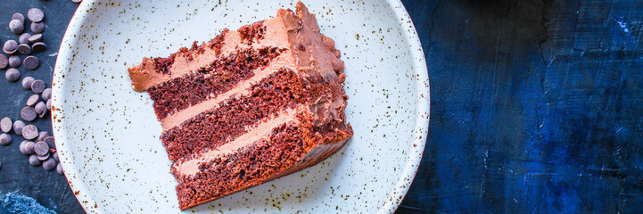 chocolate cake with cream (sweet and delicious homemade dessert, Prague cake) menu concept background. top view. copy space  for text