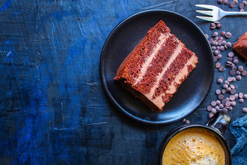 chocolate cake with cream (sweet and delicious homemade dessert, Prague cake) menu concept background. top view. copy space  for text