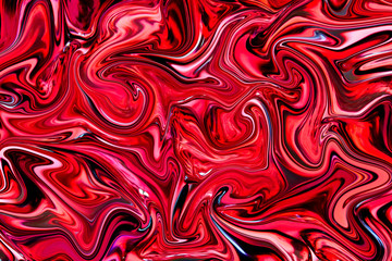 Red liquid marbling paint swirls background. Fluid painting abstract texture.