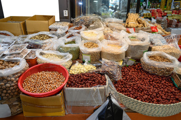 Grocery stall with raw materials from plants and herbs for ingredient food