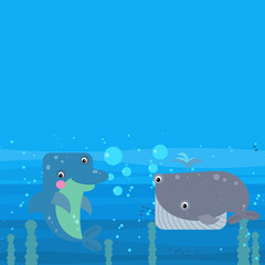 cheerful cartoon underwater scene with swimming coral reef fishes illustration