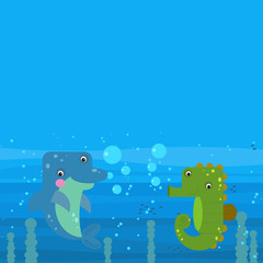 cheerful cartoon underwater scene with swimming coral reef fishes illustration