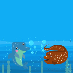 cheerful cartoon underwater scene with swimming coral reef fishes illustration