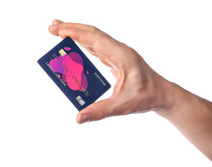 Male hand with credit card on white background