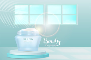 Beauty product ad design, blue cosmetic container with natural concept advertising background ready to use, luxury skin care banner, illustration vector.