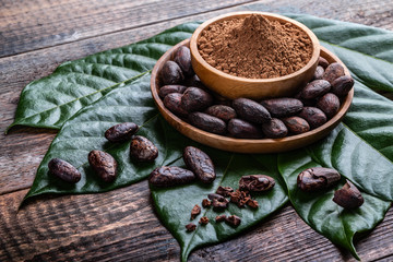 Cacao powder and whole cacao beans in wooden bowl with original fresh leaves on rustic  table.