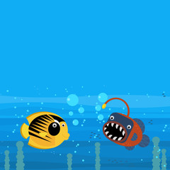 cheerful cartoon underwater scene with swimming coral reef fishes illustration