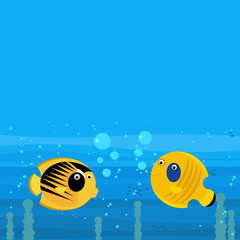 cheerful cartoon underwater scene with swimming coral reef fishes illustration