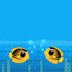 cheerful cartoon underwater scene with swimming coral reef fishes illustration