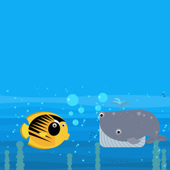 cheerful cartoon underwater scene with swimming coral reef fishes illustration