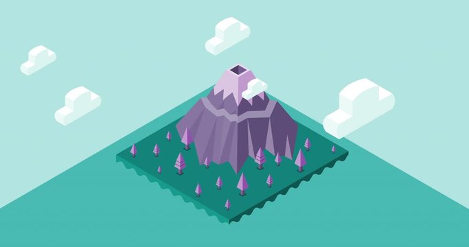 White clouds time lapse or stop motion have snow on purple mountain in forest of pine on island with wave of sea isometric as background.