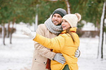 Fototapeta na wymiar Happy young couple in park on winter day