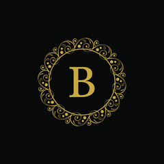 circle floral stylish gold with letter B vector logo design