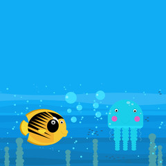 cheerful cartoon underwater scene with swimming coral reef fishes illustration