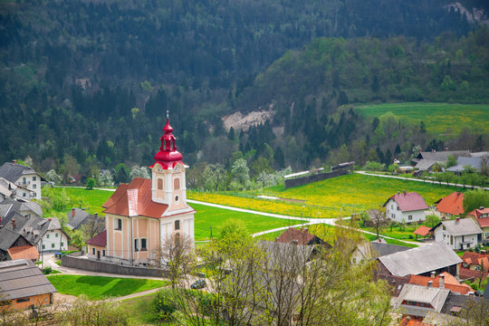 Church of Saint George in Zasip village, Slovenia near famous Bled Lake at spring sunny day