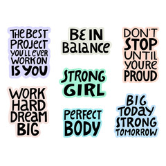 Set of hand lettering quotes about fitness and healthy.