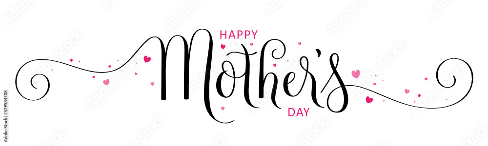 Wall mural happy mother's day black and pink vector brush calligraphy banner with hearts - Wall murals