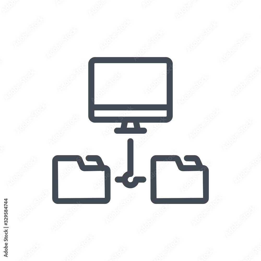 Poster connect to files server line icon. computer with connection to file folders vector outline sign.