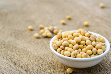 Soy bean in bowl on floor and copy space