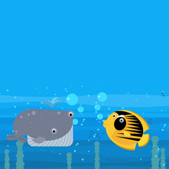 cheerful cartoon underwater scene with swimming coral reef fishes illustration