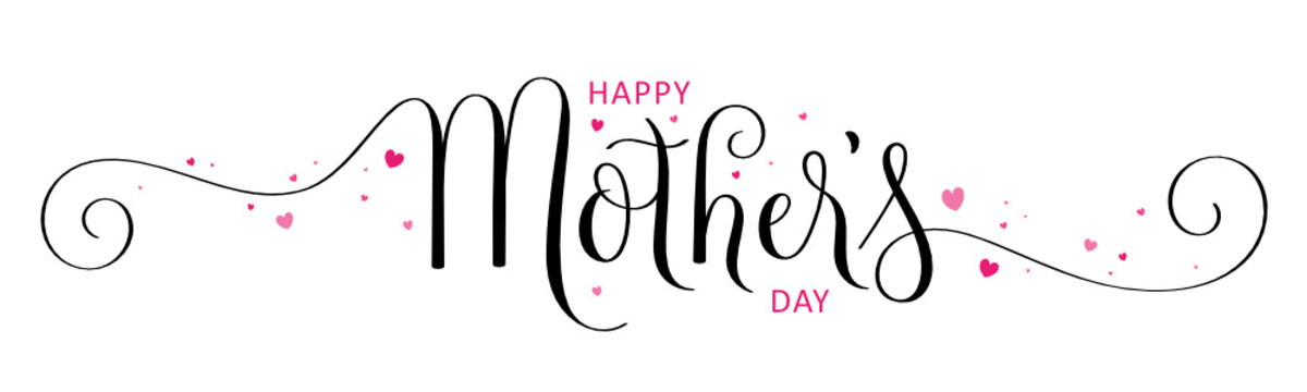 HAPPY MOTHER'S DAY black and pink vector brush calligraphy banner with hearts