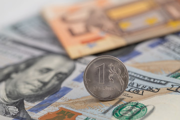 The Russian Ruble,  US Dollar and Euro. Ruble collapse.  fall of the ruble. Dollar rate growth. Money and finance.  Fall of the ruble. Dollar rate growth.