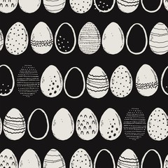 Easter eggs in seamless composition. Doodle pattern with holiday symbols. Vector illustration in vintage style for kitchen, wrapping paper, textile or cover on dark background.
