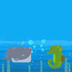 cheerful cartoon underwater scene with swimming coral reef fishes illustration