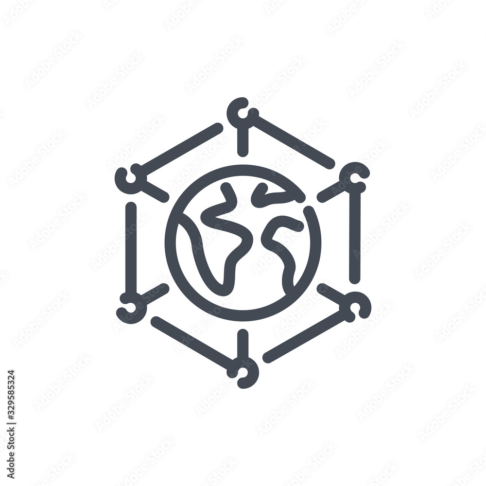 Poster global network connection line icon. globe with satellite connection vector outline sign.