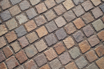 Walkway rectangular brick stone street pavement top down view texture background