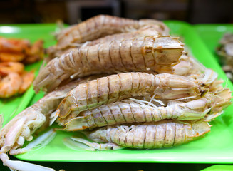 Fresh sea prawns on a counter