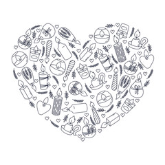 Candles doodle line icons heart shape design