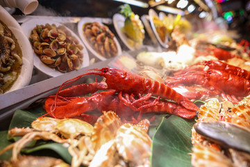 Seafood in a shop window in a cafe.