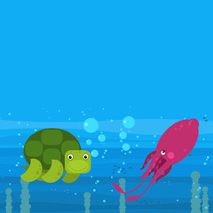 cheerful cartoon underwater scene with swimming coral reef fishes illustration