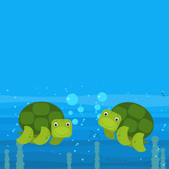 cheerful cartoon underwater scene with swimming coral reef fishes illustration