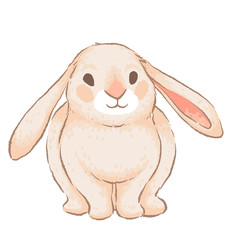 Cute rabbit with pink ears sits. Element for easter design. Imitation of watercolor handmade