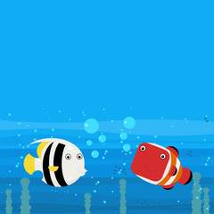 cheerful cartoon underwater scene with swimming coral reef fishes illustration