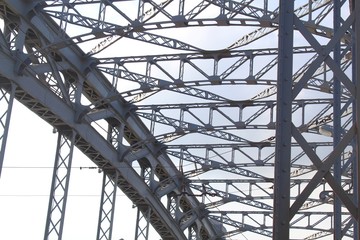 Structural elements of an old steel bridge. Arches and farms riveted.