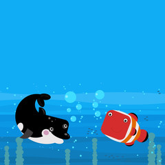 Funny cartoon undersea scene with swimming coral reef fishes illustration