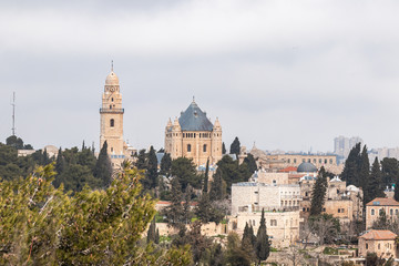 Fototapeta na wymiar View of the old city of Jerusalem and the Dormition Abbey from the Abu Tor district of Jerusalem city in Israel
