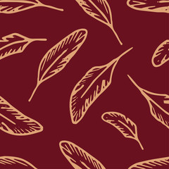 Fototapeta na wymiar Seamless pattern with yellow outline of bird feathers. Hand drawn vector illustration on a red background. Duplicate feathers in a dissimilarity.