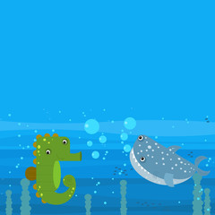 Funny cartoon undersea scene with swimming coral reef fishes illustration